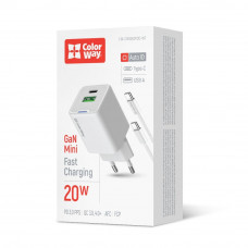 Мережевий зарядн. прист. Colorway GaN Mini 20W PD Port PPS USB (Type-C PD + USB QC4.0) cable Type-C