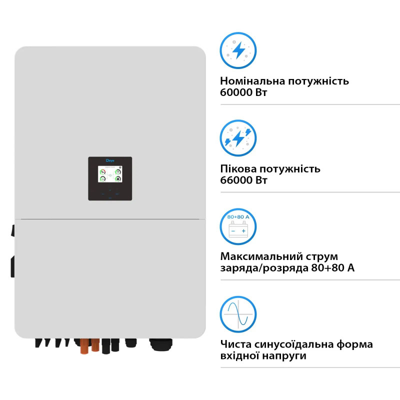 Гібридний інвертор DEYE SUN-60K-SG02HP3-EU-EM6 60KW HV-battery 6 MPPT Wi-Fi 220/380V Трифазний (SUN-