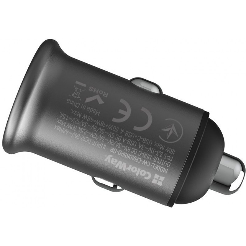 Авто зарядний пристрій Colorway 2USB (Type-C PD30W + USB QC3.0 18W) (48W) Gray