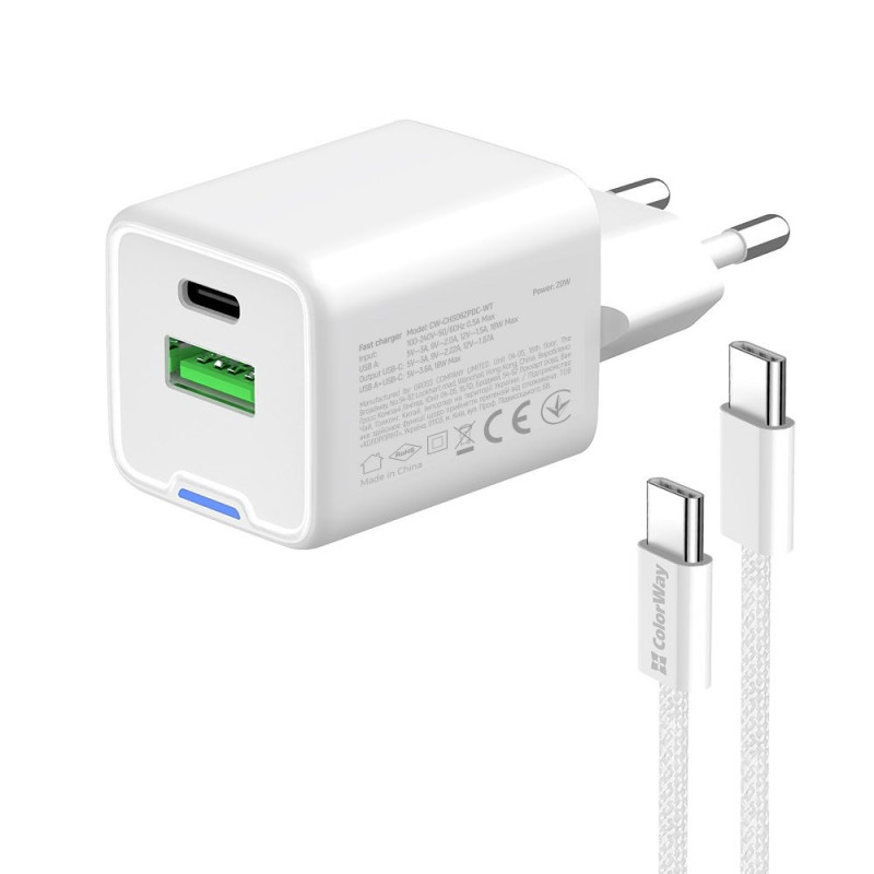 Мережевий зарядн. прист. Colorway GaN Mini 20W PD Port PPS USB (Type-C PD + USB QC4.0) cable Type-C