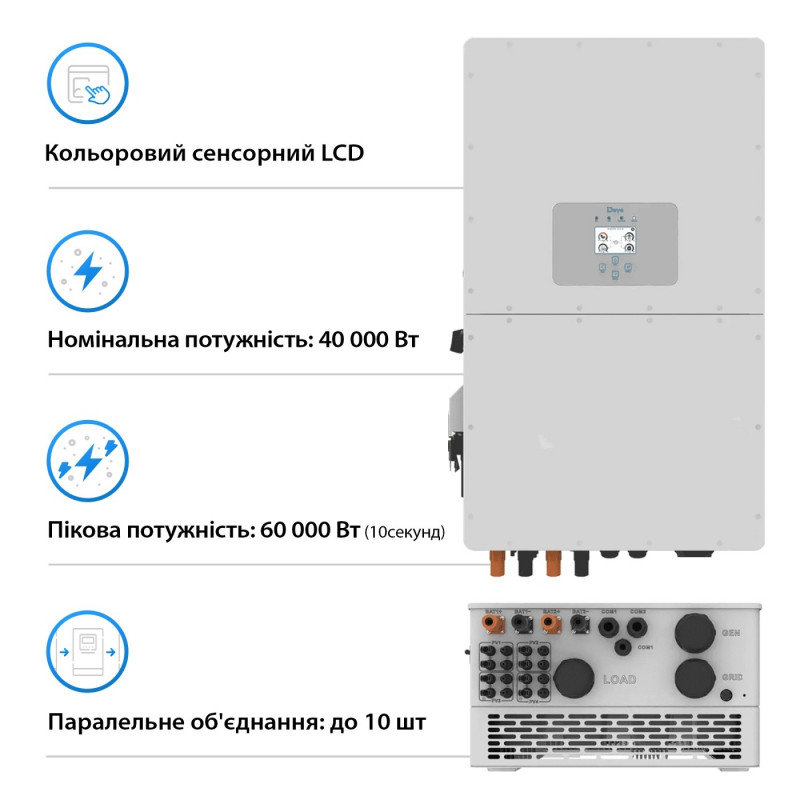 Гібридний інвертор DEYE 40KW HV-battery 4 MPPT Wi-Fi 220/380V SUN-40K-SG01HP3-EU-BM4