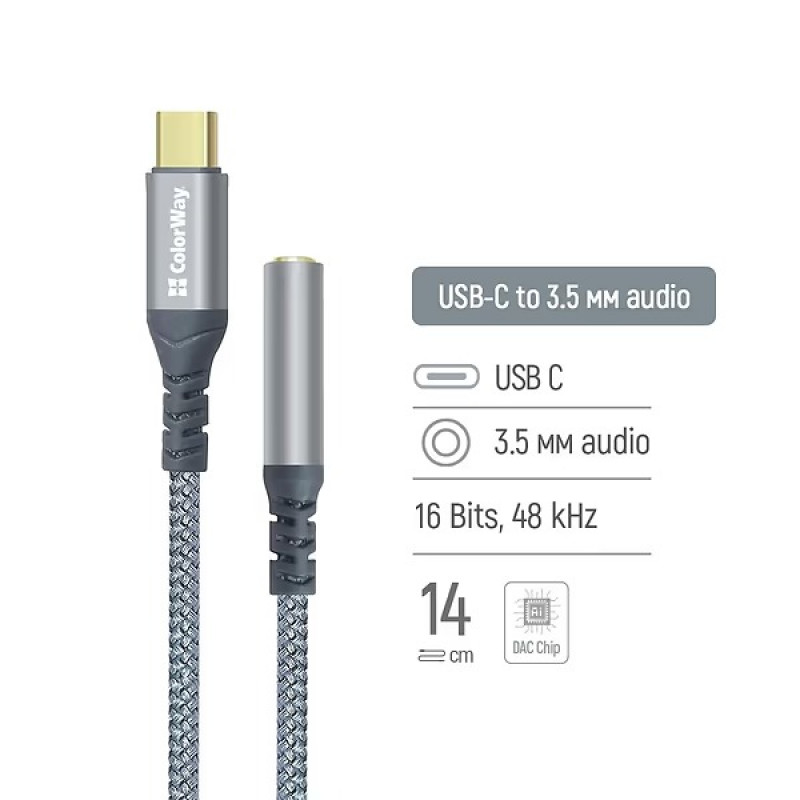 Адаптер перехідник ColorWay USB-C to 3.5 мм Female Audio 14 см сірий