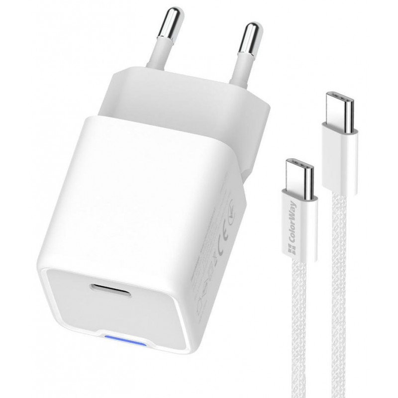 Мережевий зарядн. прист. Colorway GaN Mini 35W PD Port PPS USB-C біле cable Type-C