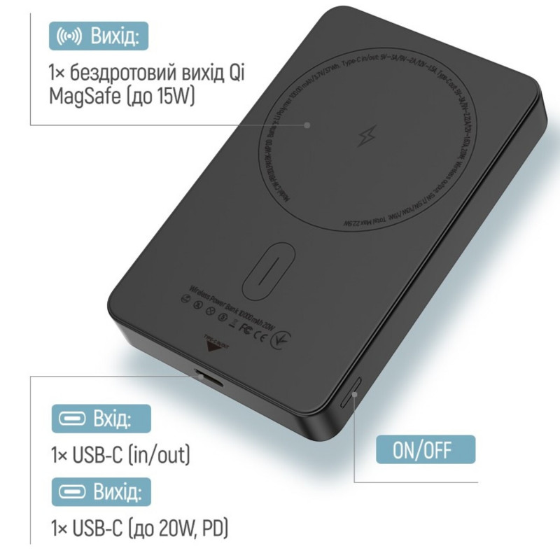 Power Bank ColorWay 10 000 mAh 15W MagSafe (USB-C PD 20W) Black