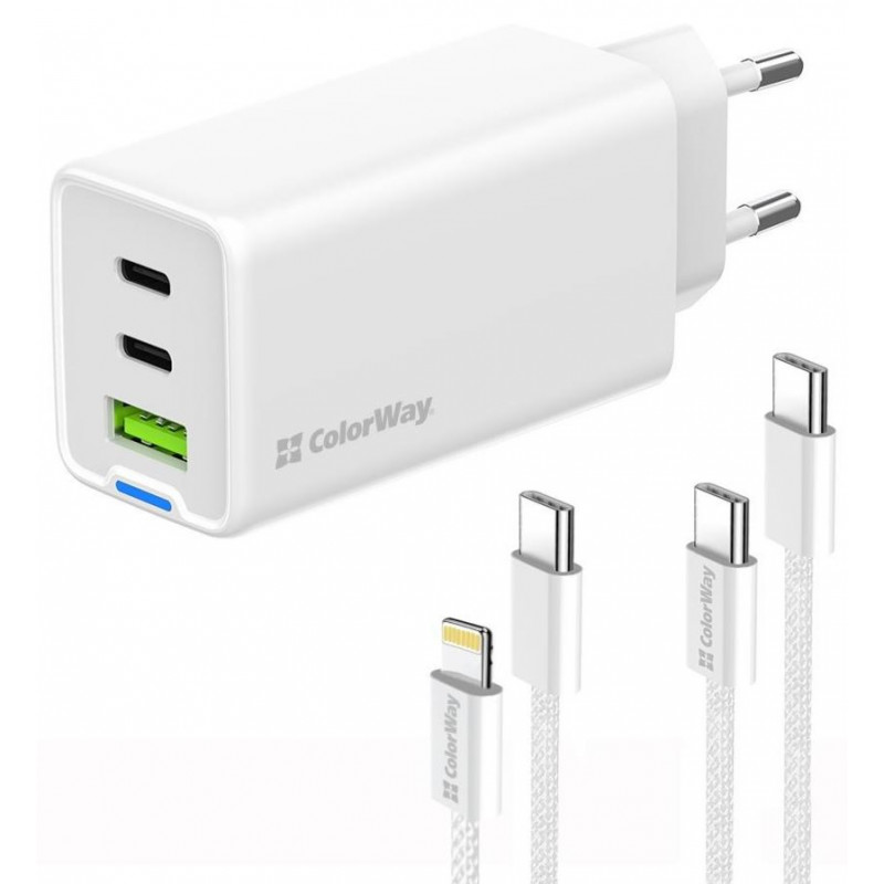 Мережевий зарядн. прист. Colorway GaN Mini 65W PD Port PPS USB (USB-2C1A) cable Type-C&Lightning