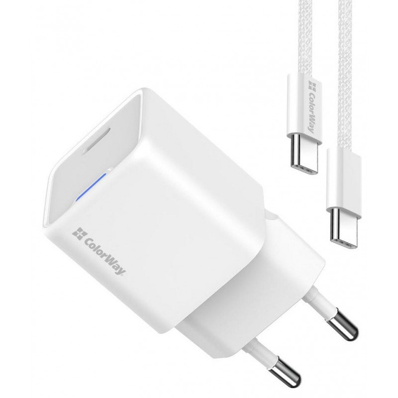 Зарядний пристрій Colorway GaN Mini 30W PD Port PPS USB-C біле + cable Type-C