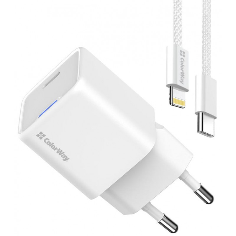 Мережевий зарядн. пристр. Colorway GaN Mini 20W PD Port PPS USB-C білий cable Lightning