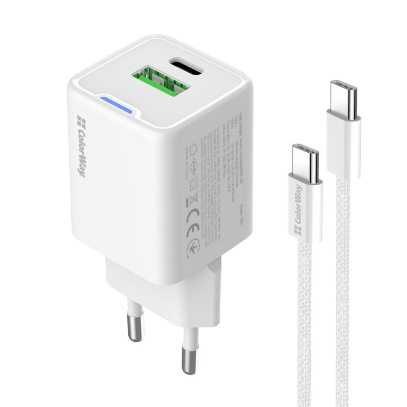 Мережевий зарядн. прист. Colorway GaN Mini 20W PD Port PPS USB (Type-C PD + USB QC4.0) cable Type-C