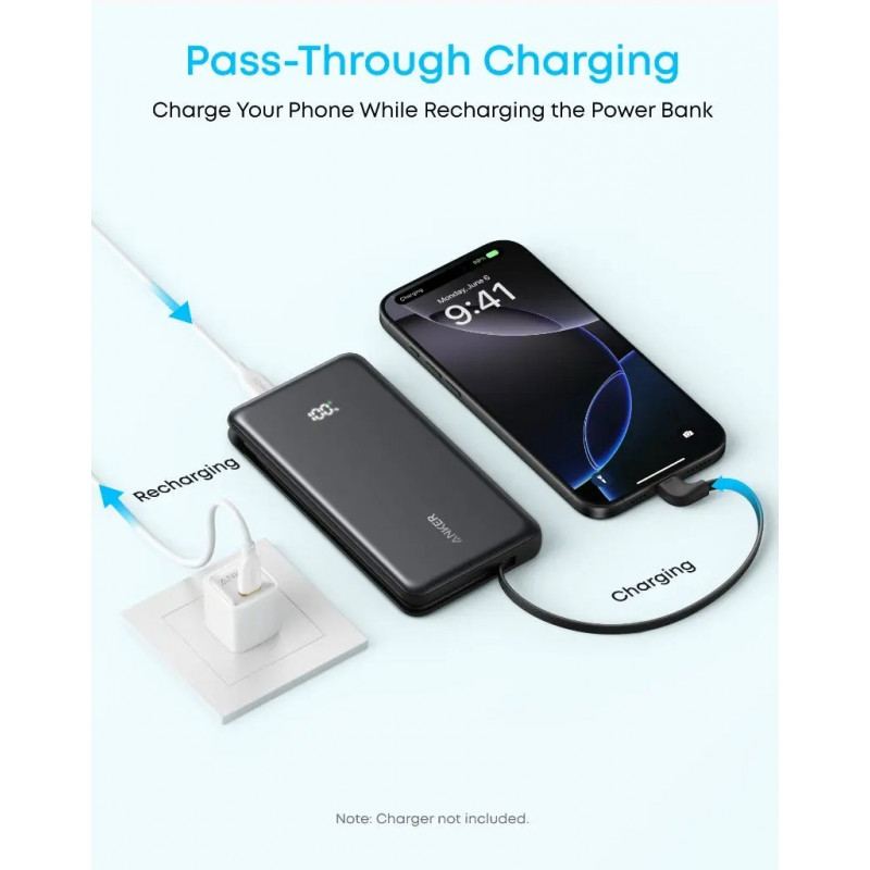 Power Bank Anker - 10000 mAh 22.5W Built-In USB-C Cable (Black)