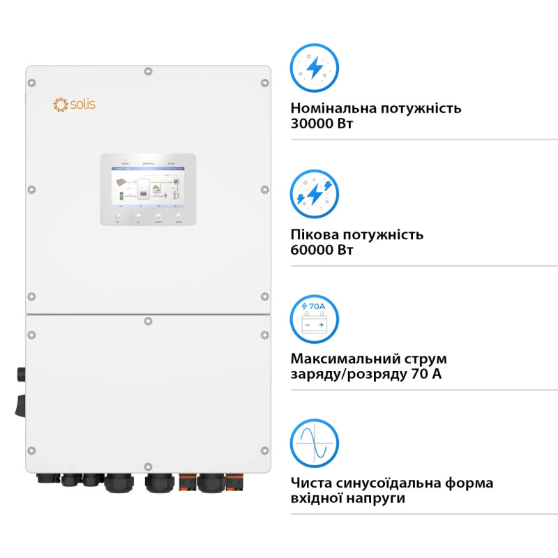 Гібридний інвертор SOLIS S6-EH3P30K-H 30KW HV-battery 4 MPPT Wi-Fi 220/380V Трифазний (S6-EH3P30K-H)