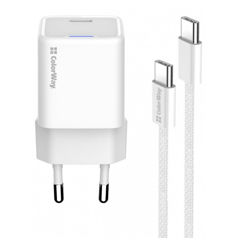 Мережевий зарядн. прист. Colorway GaN Mini 35W PD Port PPS USB-C біле cable Type-C