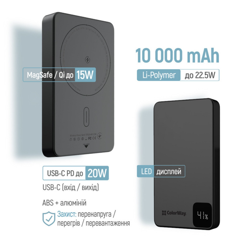 Power Bank ColorWay 10 000 mAh 15W MagSafe (USB-C PD 20W) Black