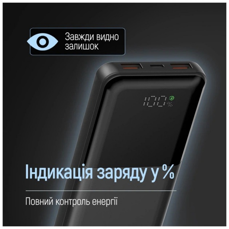Power Bank ColorWay 10 000 mAh LCD (USB QC3.0 + USB-C PD22.5W) Black