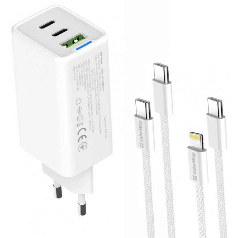 Мережевий зарядн. прист. Colorway GaN Mini 65W PD Port PPS USB (USB-2C1A) cable Type-C&Lightning