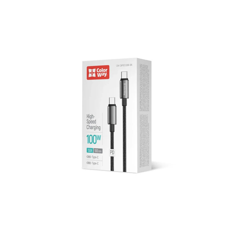 Кабель Colorway Type-C - Type-C (zinc alloy braided) (PD Fast Charging 100W) 5А 1м CW-CBPDCC098-BK