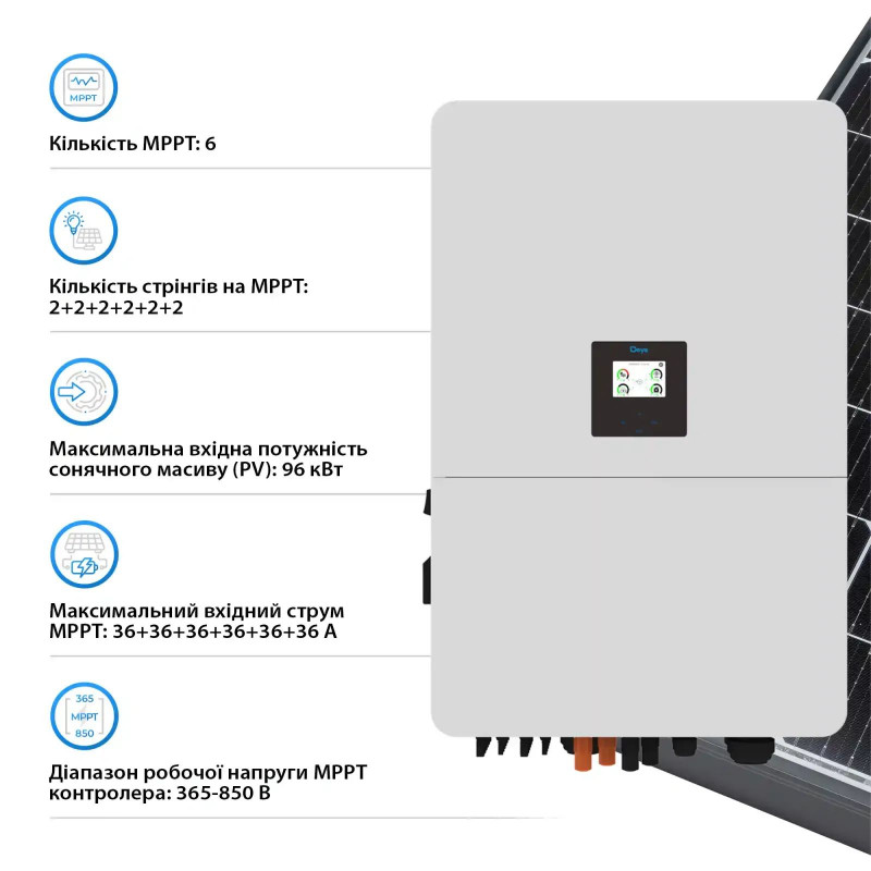 Гібридний інвертор DEYE SUN-60K-SG02HP3-EU-EM6 60KW HV-battery 6 MPPT Wi-Fi 220/380V Трифазний (SUN-
