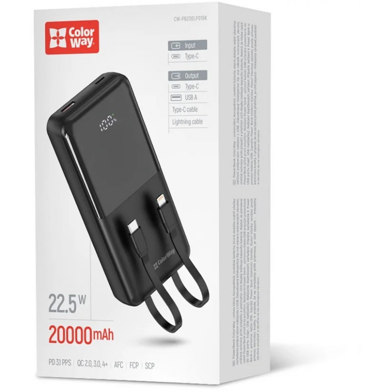УМБ ColorWay Power Bank 20 000 mAh DigiPower (USB QC4.0 + USB-C PD22.5W) Black