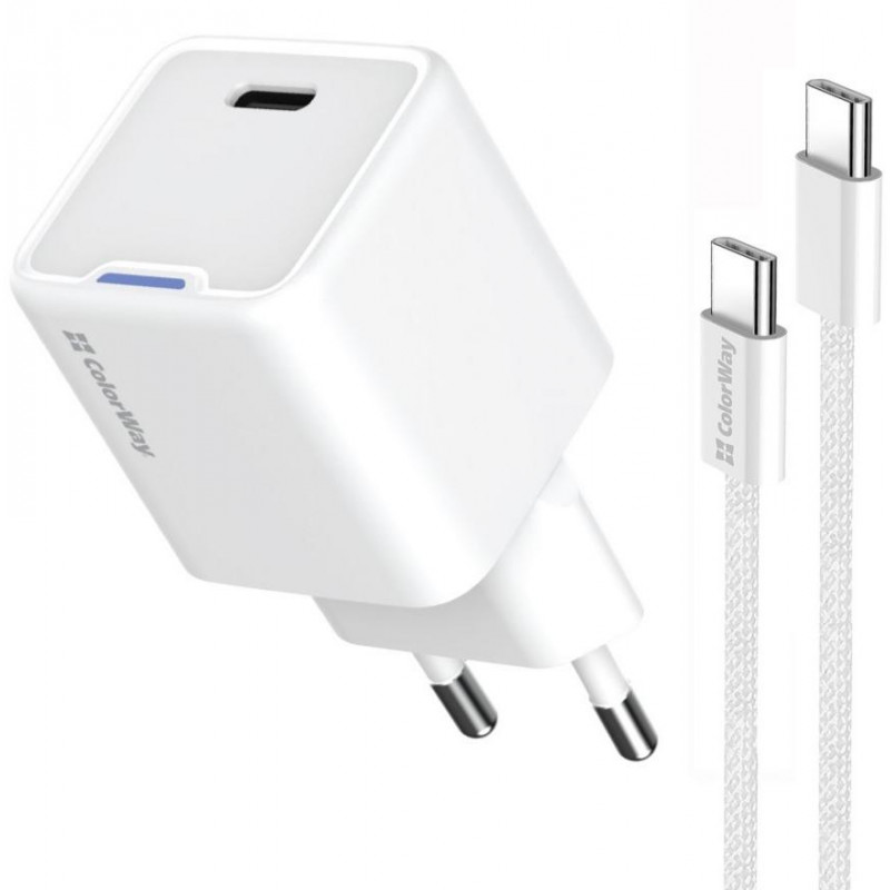 Зарядний пристрій Colorway GaN Mini 30W PD Port PPS USB-C біле + cable Type-C