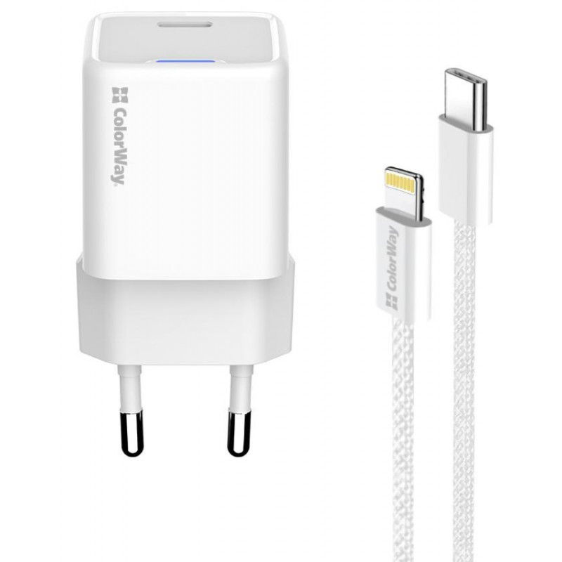 Мережевий зарядн. пристр. Colorway GaN Mini 20W PD Port PPS USB-C білий cable Lightning