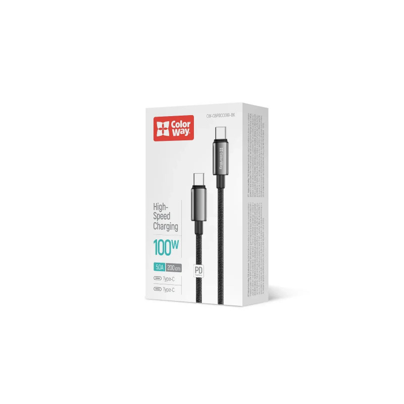 Кабель Colorway Type-C - Type-C (zinc alloy braided) (PD Fast Charging 100W) 5А 2м CW-CBPDCC099-BK