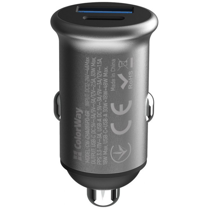 Авто зарядний пристрій Colorway 2USB (Type-C PD30W + USB QC3.0 18W) (48W) Gray