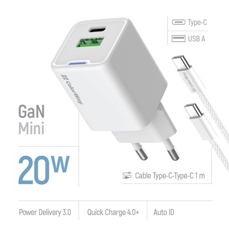 Мережевий зарядн. прист. Colorway GaN Mini 20W PD Port PPS USB (Type-C PD + USB QC4.0) cable Type-C