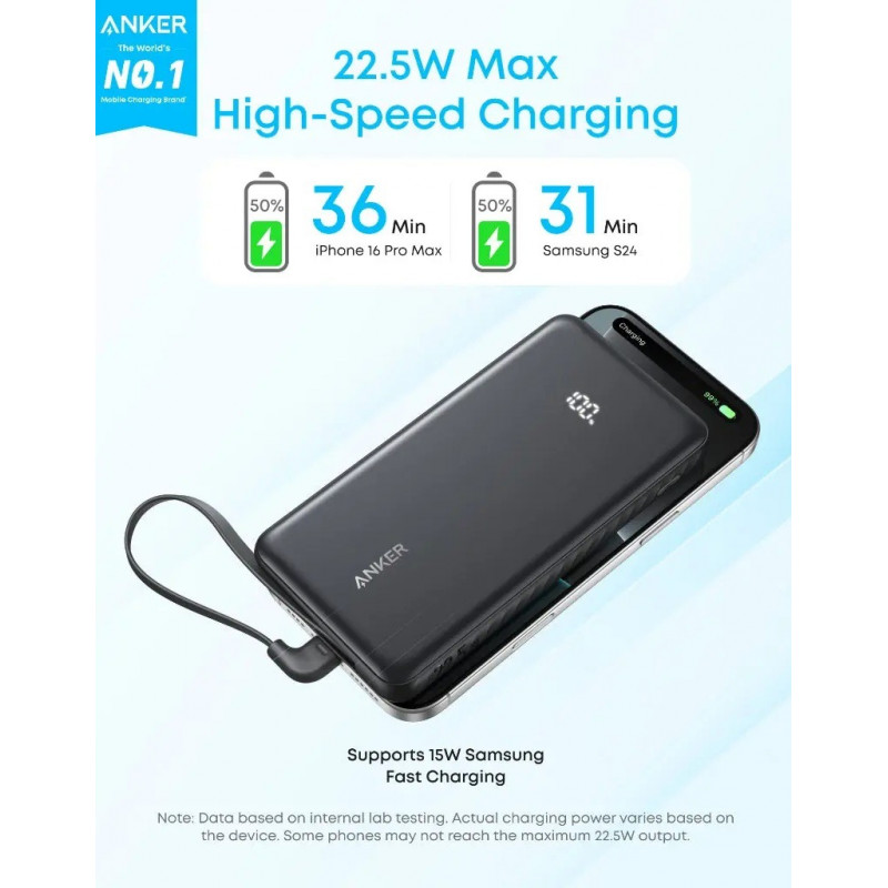 Power Bank Anker - 10000 mAh 22.5W Built-In USB-C Cable (Black)