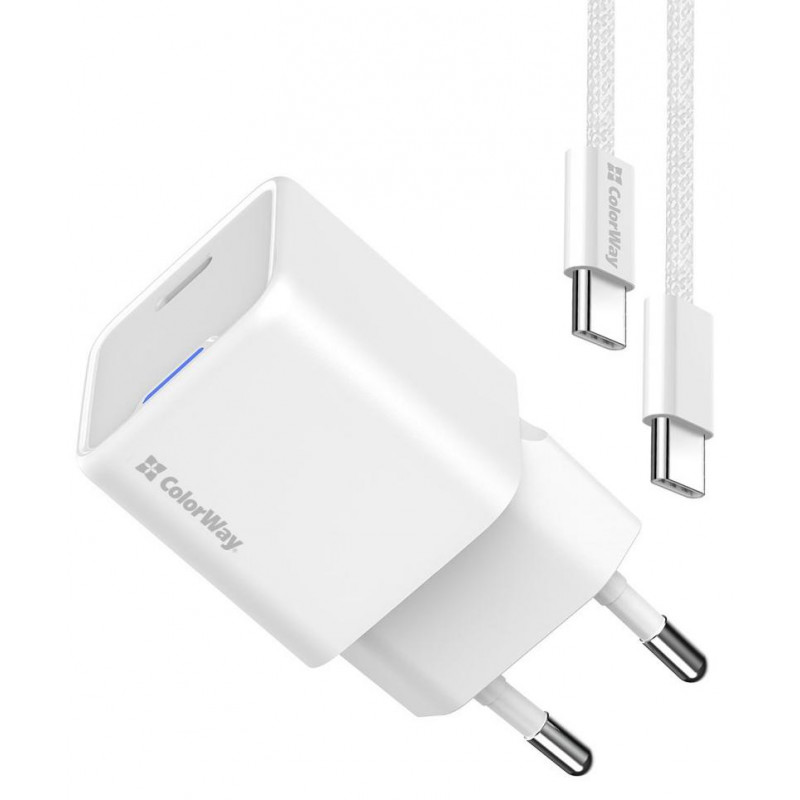 Мережевий зарядн. прист. Colorway GaN Mini 35W PD Port PPS USB-C біле cable Type-C