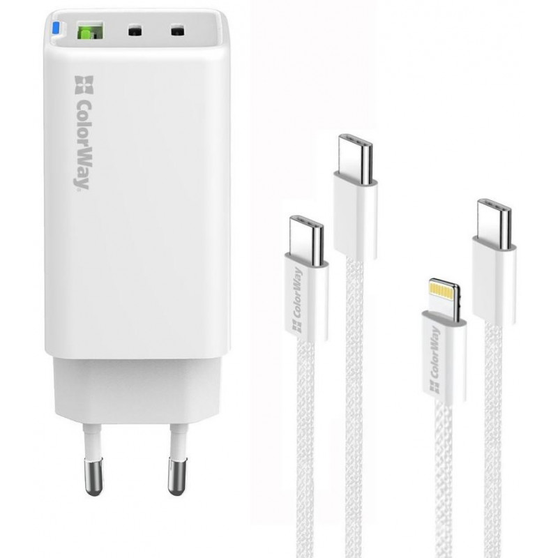 Мережевий зарядн. прист. Colorway GaN Mini 65W PD Port PPS USB (USB-2C1A) cable Type-C&Lightning