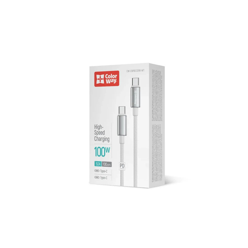 Кабель Colorway Type-C - Type-C (zinc alloy braided) (PD Fast Charging 100W) 5А 1м CW-CBPDCC098-WT