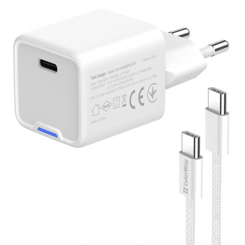 Зарядний пристрій Colorway GaN Mini 25W PD Port PPS USB-C біле cable Type-C