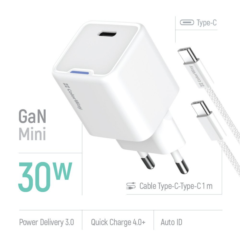 Зарядний пристрій Colorway GaN Mini 30W PD Port PPS USB-C біле + cable Type-C