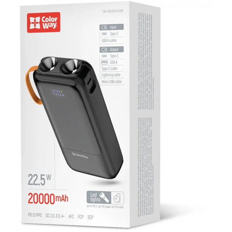 УМБ ColorWay Power Bank 20 000 mAh PowerHub (USB QC4.0 + USB-C PD22.5W) Black
