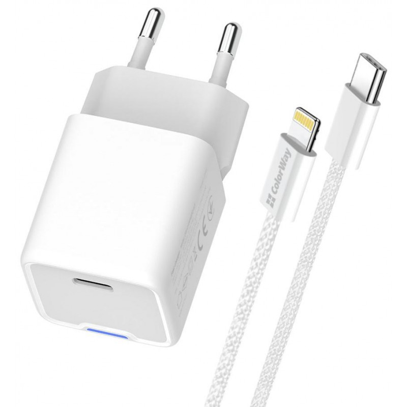 Мережевий зарядн. пристр. Colorway GaN Mini 20W PD Port PPS USB-C білий cable Lightning