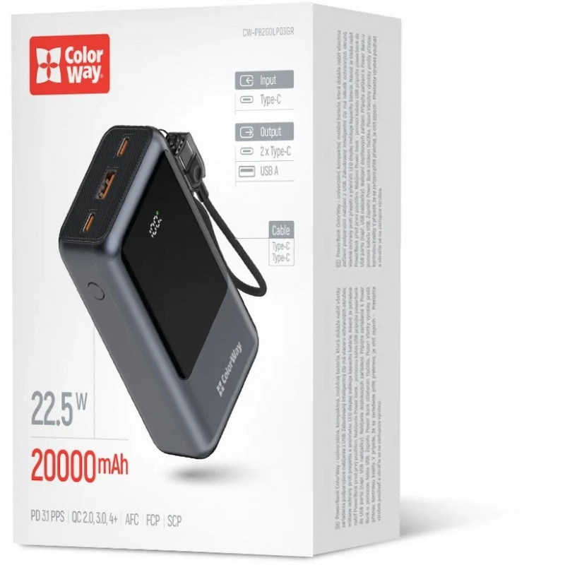 УМБ ColorWay Power Bank 20 000 mAh Urban (USB QC4.0 + USB-C PD22.5W) Gray