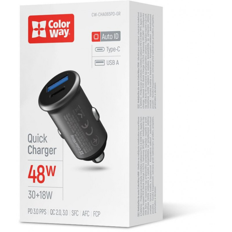 Авто зарядний пристрій Colorway 2USB (Type-C PD30W + USB QC3.0 18W) (48W) Gray