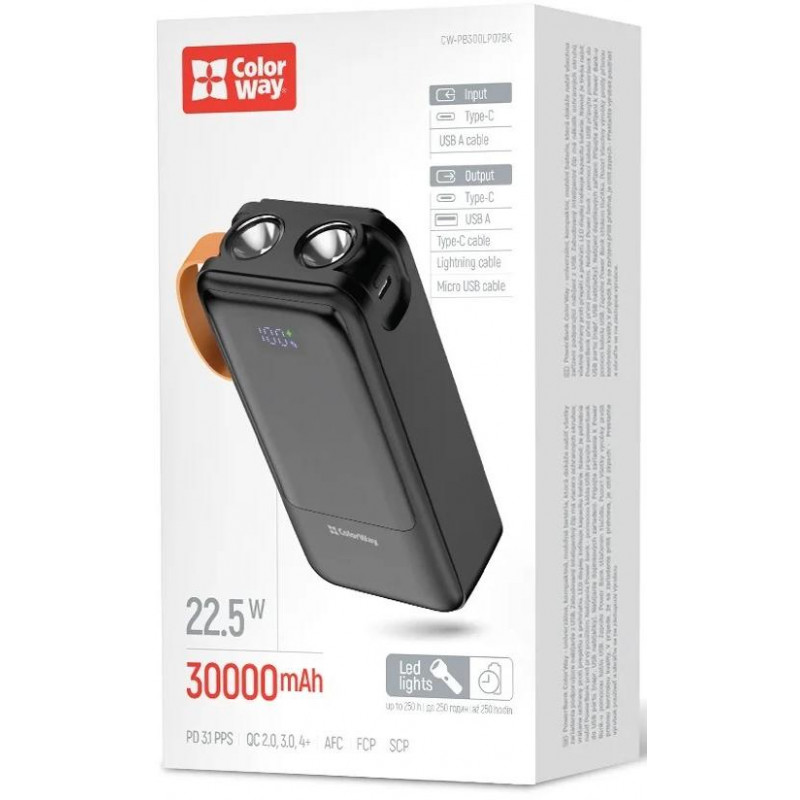 УМБ ColorWay Power Bank 30 000 mAh PowerHub (USB QC4.0 + USB-C PD22.5W) Black