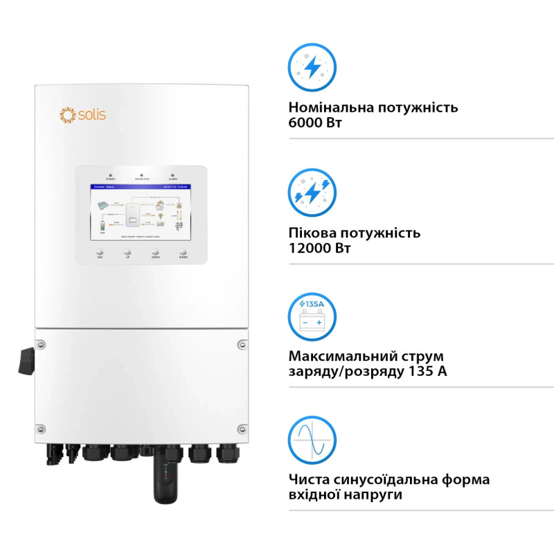 Гібридний інвертор SOLIS S6-EH1P6K-L-PLUS 6KW 48V 2 MPPT Wi-Fi 220V Однофазний (S6-EH1P6K-L-PLUS)