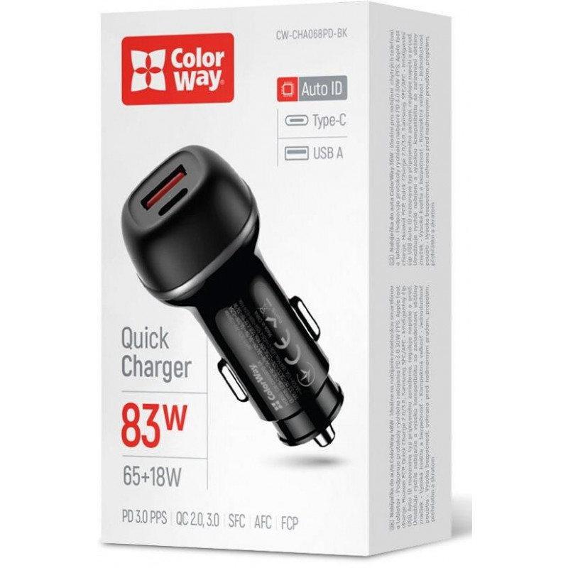 Автомобільний зарядний пристрій Colorway 2USB (Type-C PD65W + USB QC3.0 18W) (83W) Black