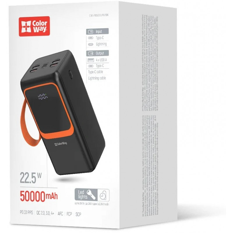 УМБ ColorWay Power Bank 50 000 mAh PowerView (USB QC4.0 + USB-C PD22.5W) Black