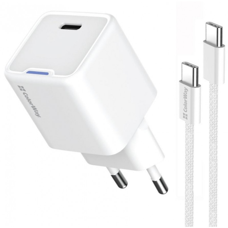 Мережевий зарядн. прист. Colorway GaN Mini 35W PD Port PPS USB-C біле cable Type-C