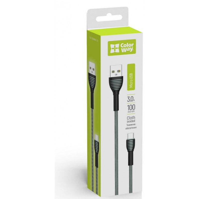 Кабель Colorway USB - MicroUSB (braided cloth) 3А 1м Silver (CW-CBUM041-GR)