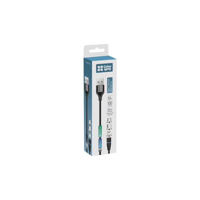 Кабель Colorway USB - 3в1 (Lightning+MicroUSB+Type-C) Magnetic Data/Quick Charge 2.4А 1м чорный CW-C
