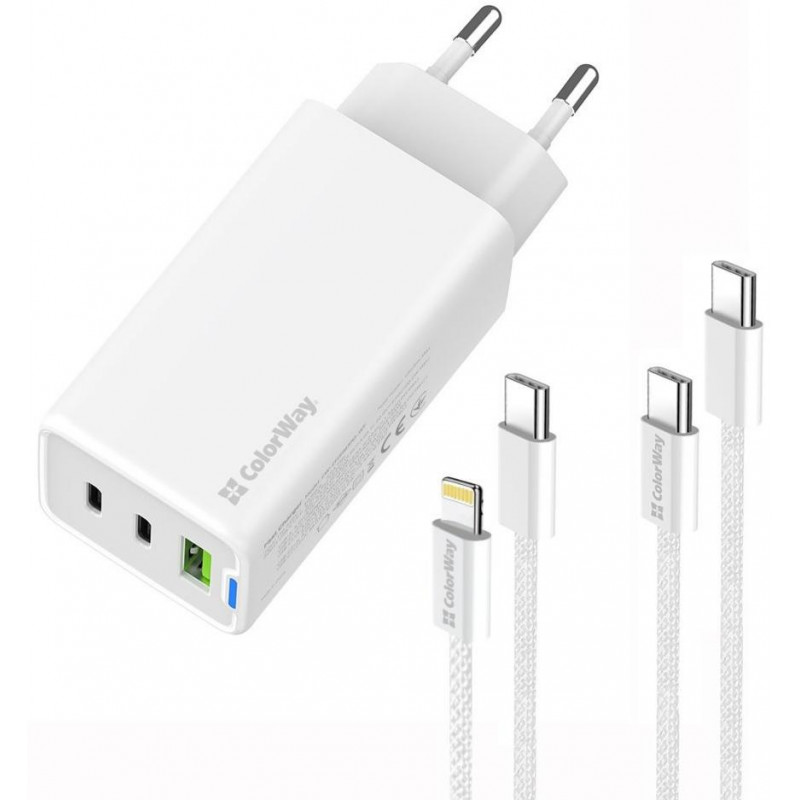 Мережевий зарядн. прист. Colorway GaN Mini 65W PD Port PPS USB (USB-2C1A) cable Type-C&Lightning
