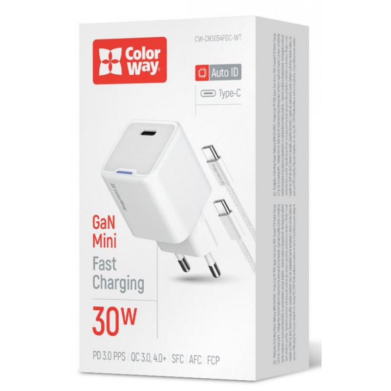 Зарядний пристрій Colorway GaN Mini 30W PD Port PPS USB-C біле + cable Type-C