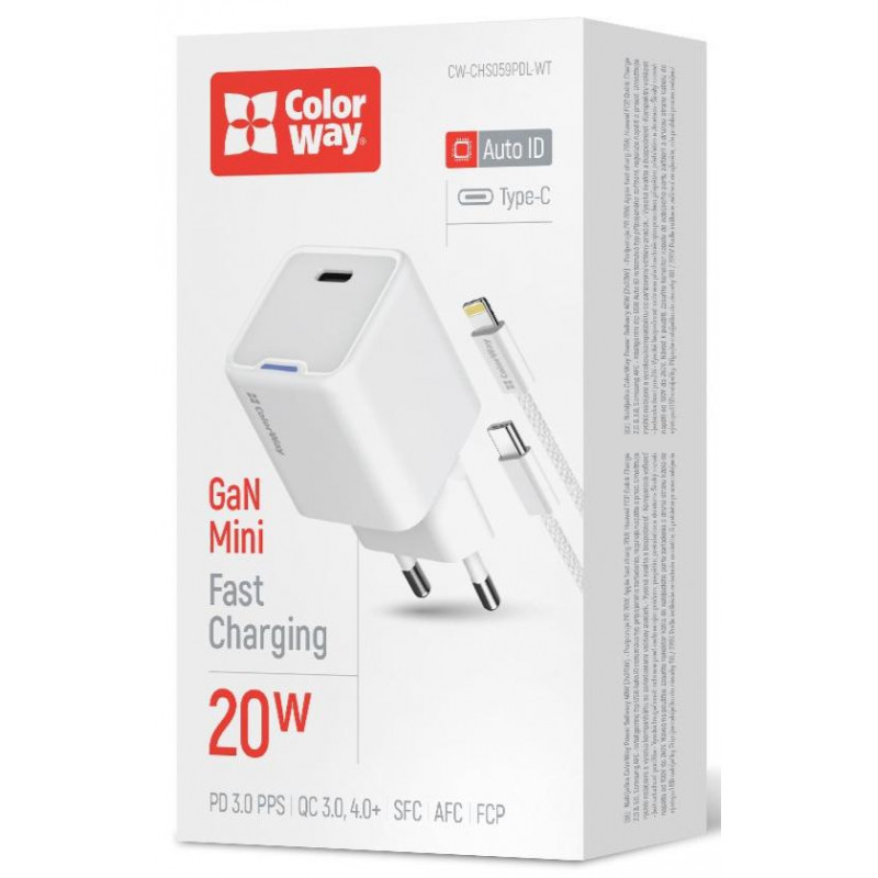 Мережевий зарядн. пристр. Colorway GaN Mini 20W PD Port PPS USB-C білий cable Lightning