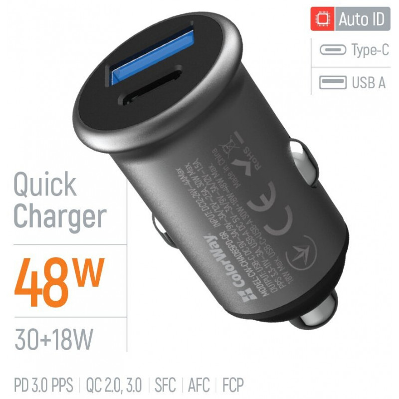 Авто зарядний пристрій Colorway 2USB (Type-C PD30W + USB QC3.0 18W) (48W) Gray