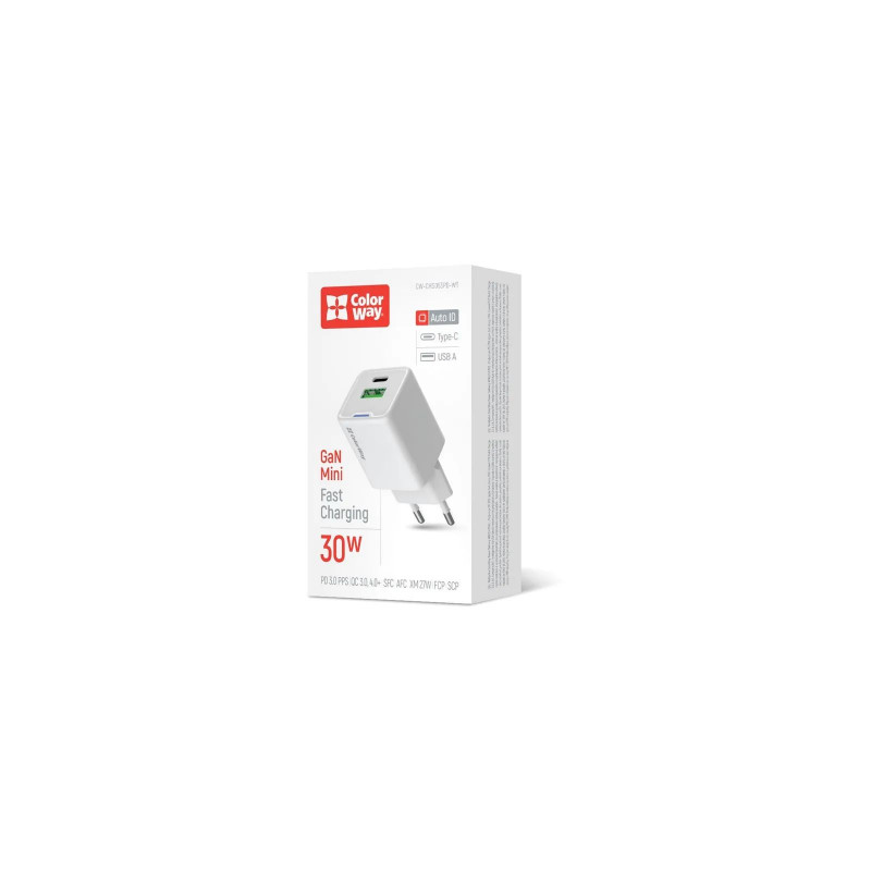Зарядний пристрій Colorway GaN Mini 30W PD Port PPS USB (Type-C PD + USB QC4.0) біле