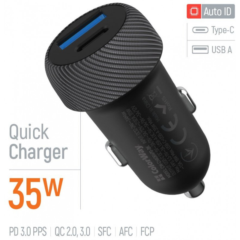 Авто зарядний пристрій Colorway 2USB (Type-C PD35W + USB QC3.0) (35W) Black
