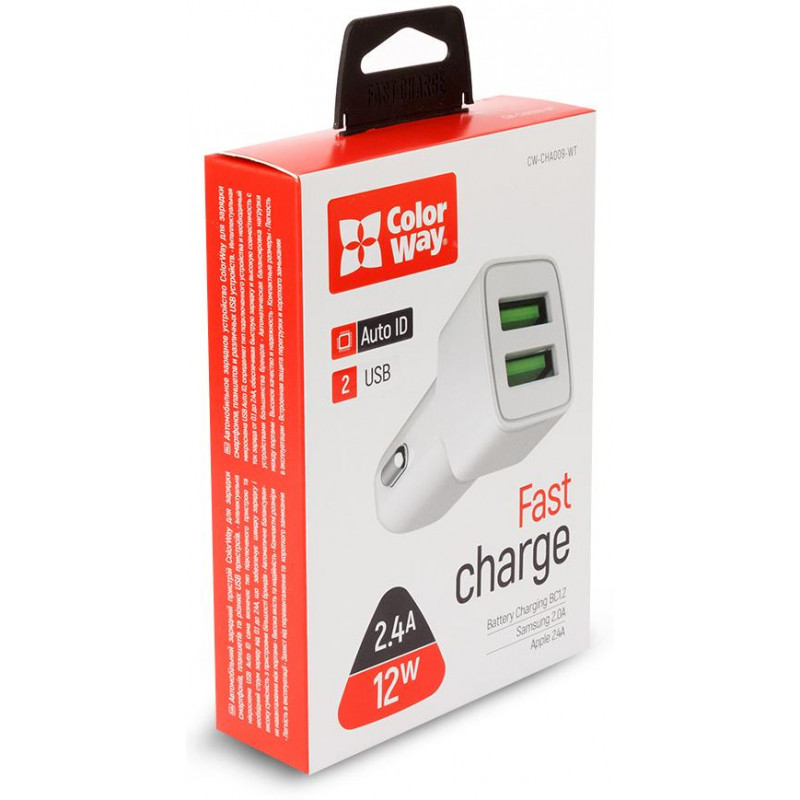 Автомобільний зарядний пристрій Colorway 2USB AUTO ID 2.4A (12W) white CW-CHA009-WT